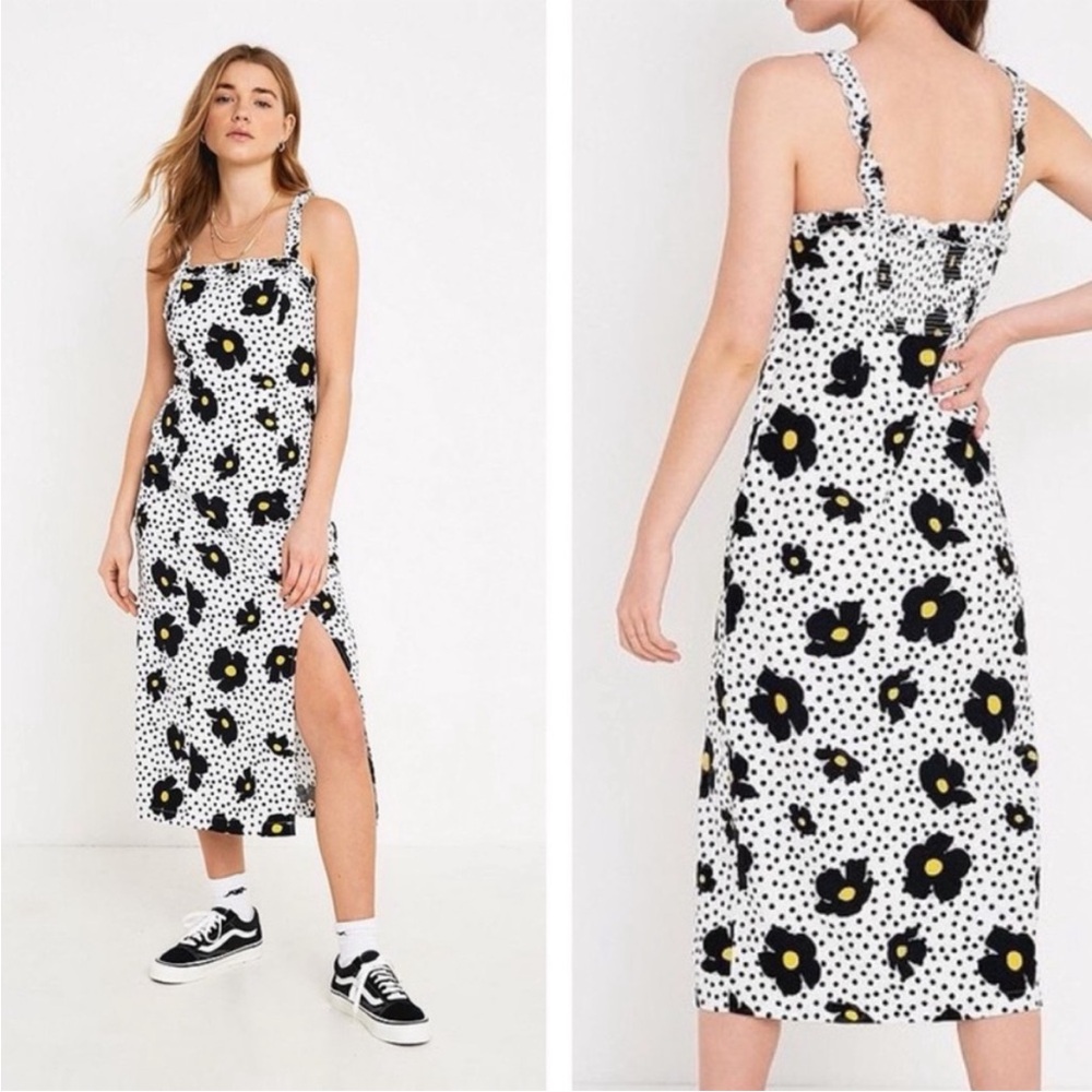 Urban Outfitters Remy Linen Ruffle Square Neck Midi Dress